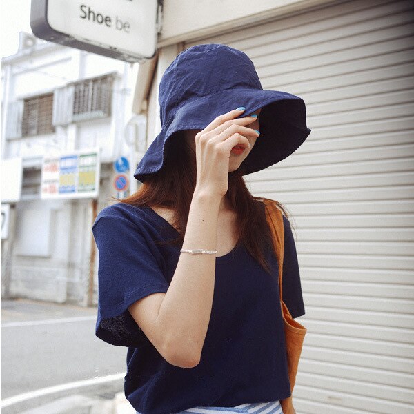 South Korea Traval Wild Hat Female Spring Summer Large Brim Sun Visor Collapsible Bucket Hat UV Cotton Foldable Fishmen Hat