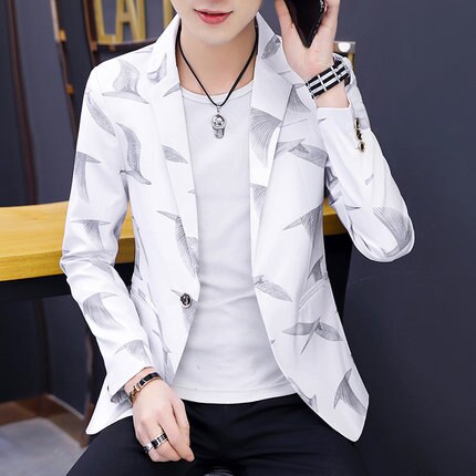 Plus size mænd blazere og jakker sommer slim fit fest blazer homme motiver scene wear koreansk mandlige jakkesæt trykt 6 x 011: Hvid / Xl