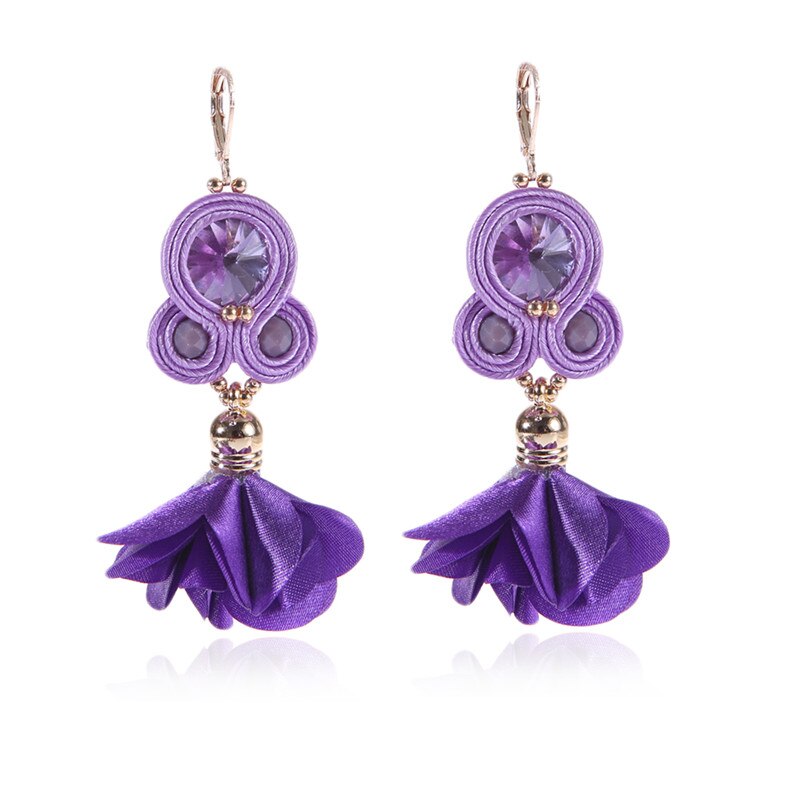 Kpacota farve soutache hængende øreringe håndlavede dangle øreringe smuk blomst etnisk gul pink smykker til kvinder: Lilla