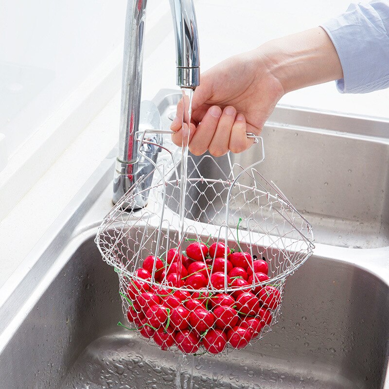 Foldable Stainless Steel Deep Fry Basket Steam Rinse Strain Fry Basket Strainer Net Kitchen Utensil Gadget Telescopic Fry Basket