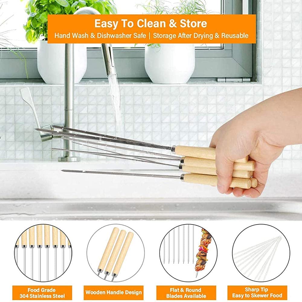 20 Pcs Grill Skewers with Wood Handle Stainless Steel Flat Grilling Kabob Sticks Reusable BBQ Barbecue Skewers Set for Meat