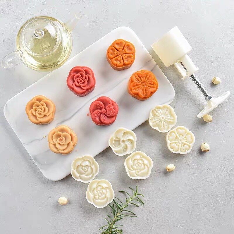 50G 3D Chinese Maan Cake Mallen Plastic Mooncake Mallen Set Hand Druk Cookie Vorm 6 Witte Chrysant Bloemen Mooncake postzegels: Default Title