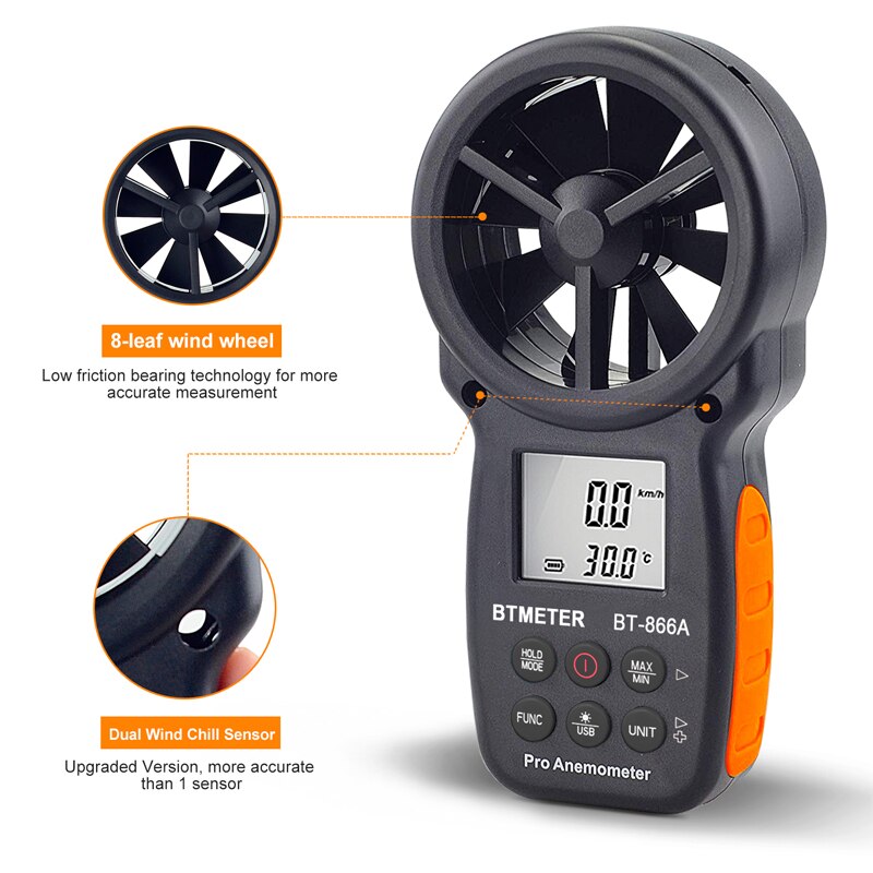 Btmeter hvac vindmåler cfm måler håndholdt digital vindhastighedsmåler måler test mål luftfugtighed med baggrundsbelysning usb data