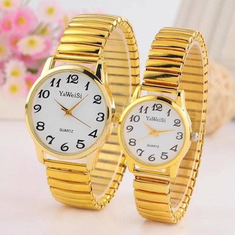 Luksus guld sølv elastisk rem kvarts ure til kvinder mænd afslappet enkle par armbåndsure ur