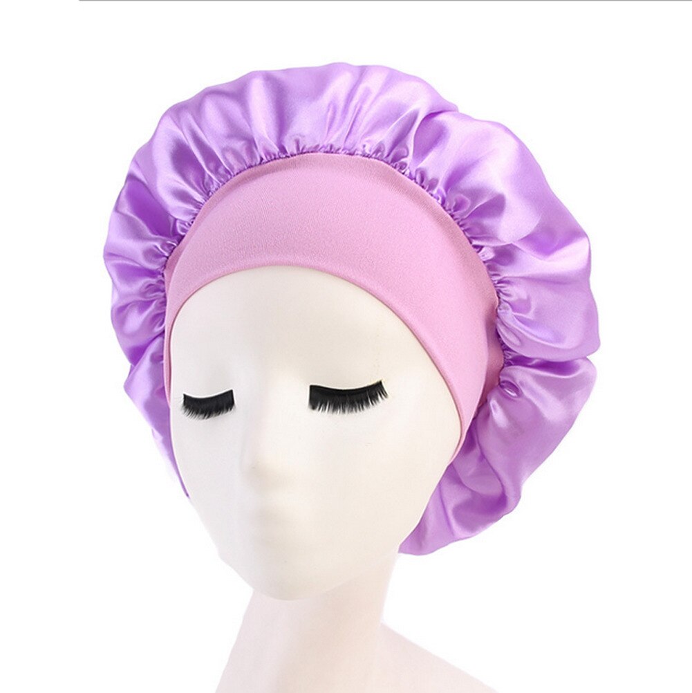 Solid Silk Satin Night Sleep Cap Hair Bonnet Hat Head Cover Wide Band Adjust Elastic: Purple
