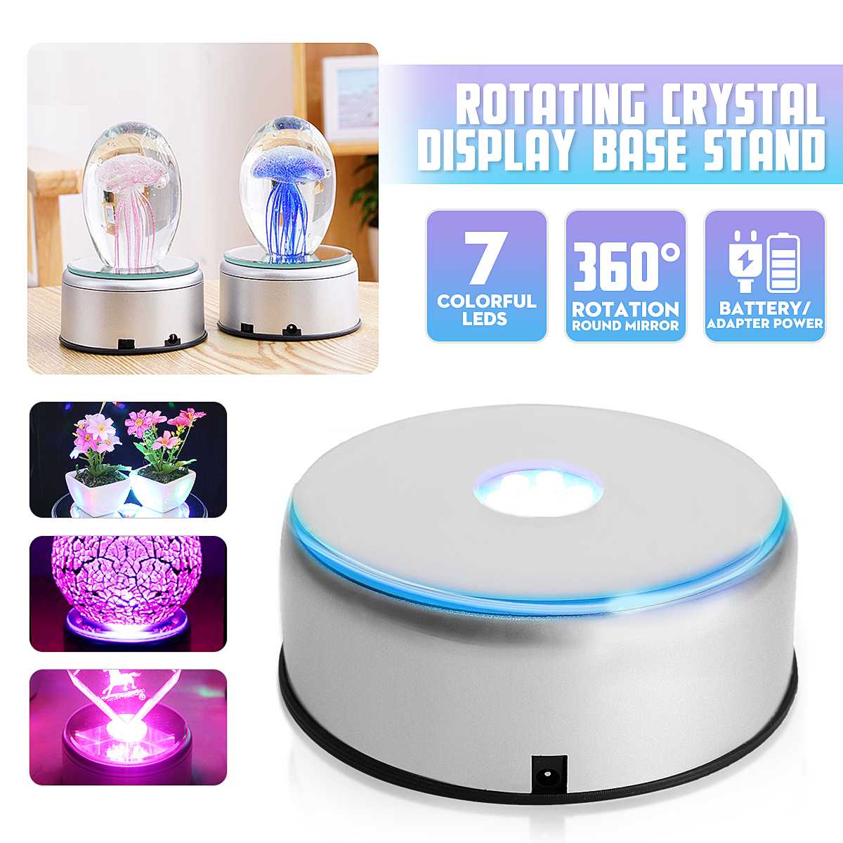 7 LED Light Colorful Luminous Base Electric Light Rotating Base Display Stand Crystal Light Base Ornament with Adapter