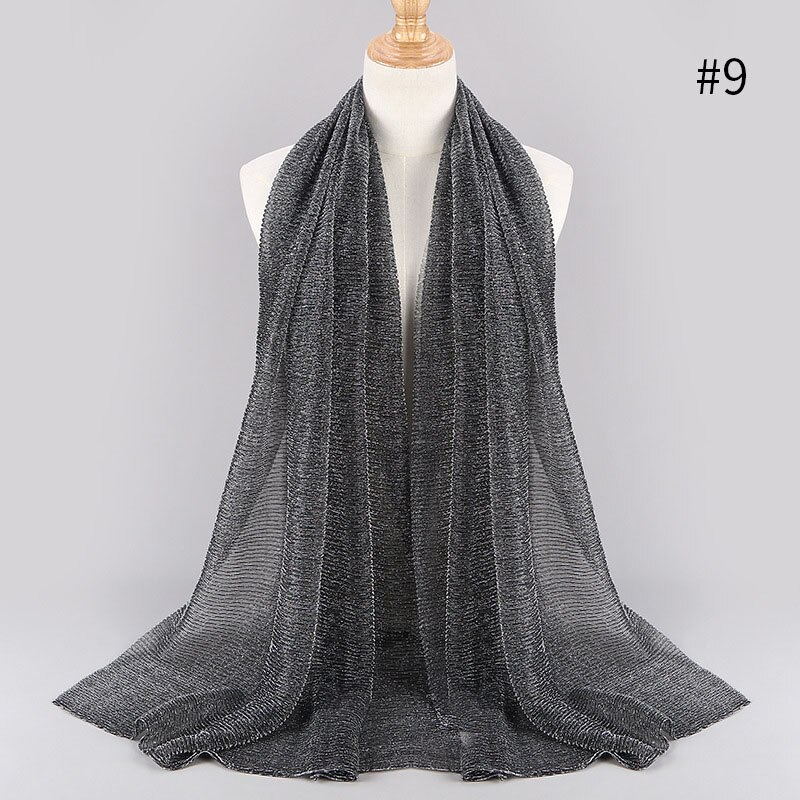 Largo pañuelo islámico para la cabeza para mujer, hiyab musulmán de 75x180cm, a la , con brillo arrugado, chales lisos: 9