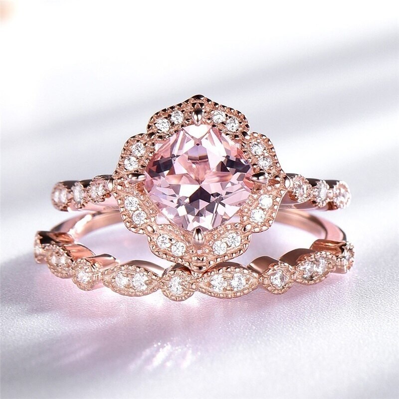 Romantic Rose-gold Couple Rings Stainless Steel Men Ring Vintage Geometric Zircon Rhinestones Rings Set Wedding