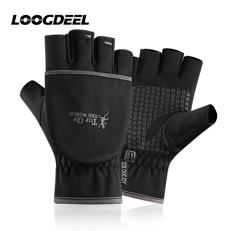 LOOGDEEL Multi Purpose Winter Warm Flip Half Finger Full Finger Two-Finger Cut Outdoor Gloves Palm Non-slip Riding Fishing Glove: A Black / L