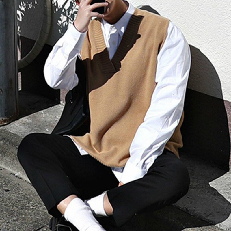 Sweater Vest Men V-neck Sleeveless Solid Simple All-match Leisure Mens Knitted Vests 2XL Oversize Chic Preppy Style Daily