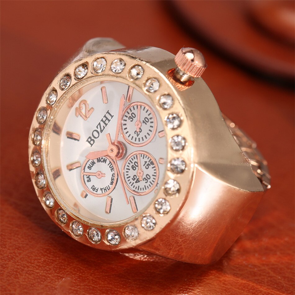 Strass Vrouwen Zilver/Goud/Rose Goud Legering Elastische Band Ring Horloges Quartz Uurwerk