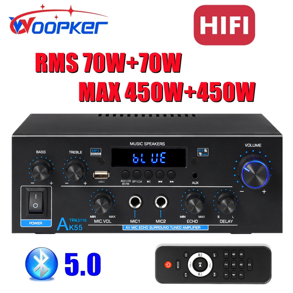 Woopker AK55 Bluetooth Amplifier HIFI Digital Sound Amp Channel 2.0 for Home Car Karaoke 110V/220V MAX 450W+450W Subwoofer