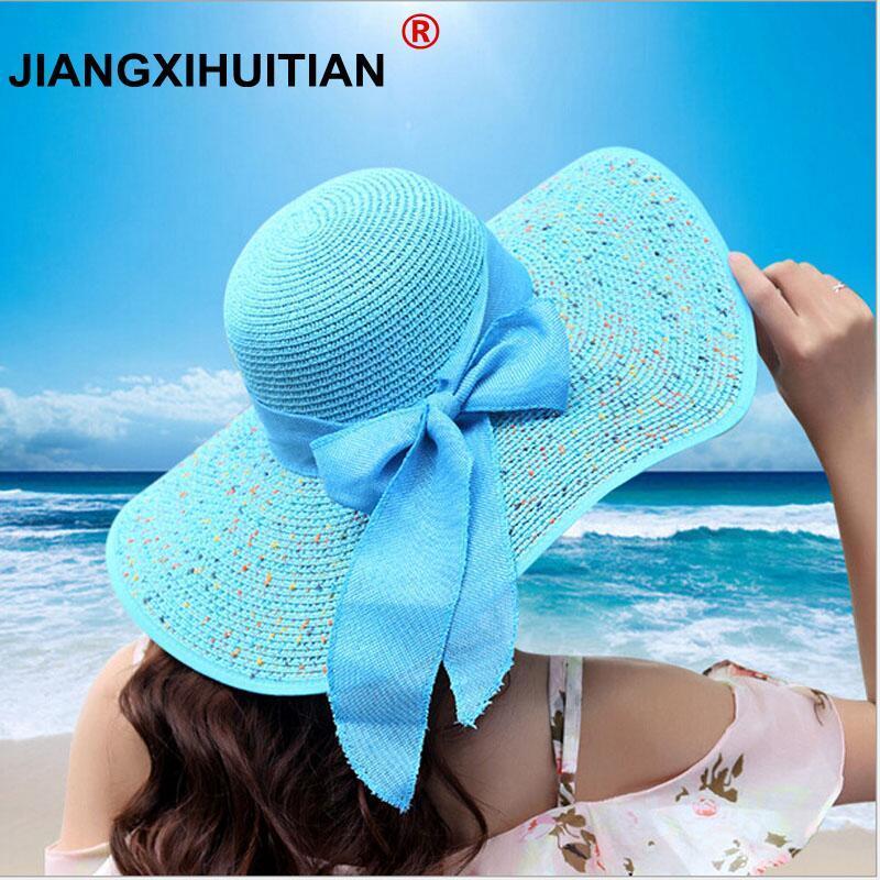 Jiangxihuitian-sombreros de playa para mujer, gorros plegables de gasa flexible para el sol, sombreros informales con lazo,