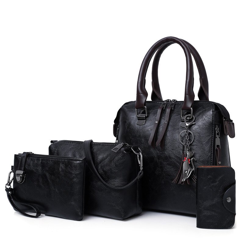 PUIMENTIUA 4 pièces/ensemble sacs à main de luxe femmes couleur unie sac à main femme sac à bandoulière voyage Shopping dames sac à bandoulière: black
