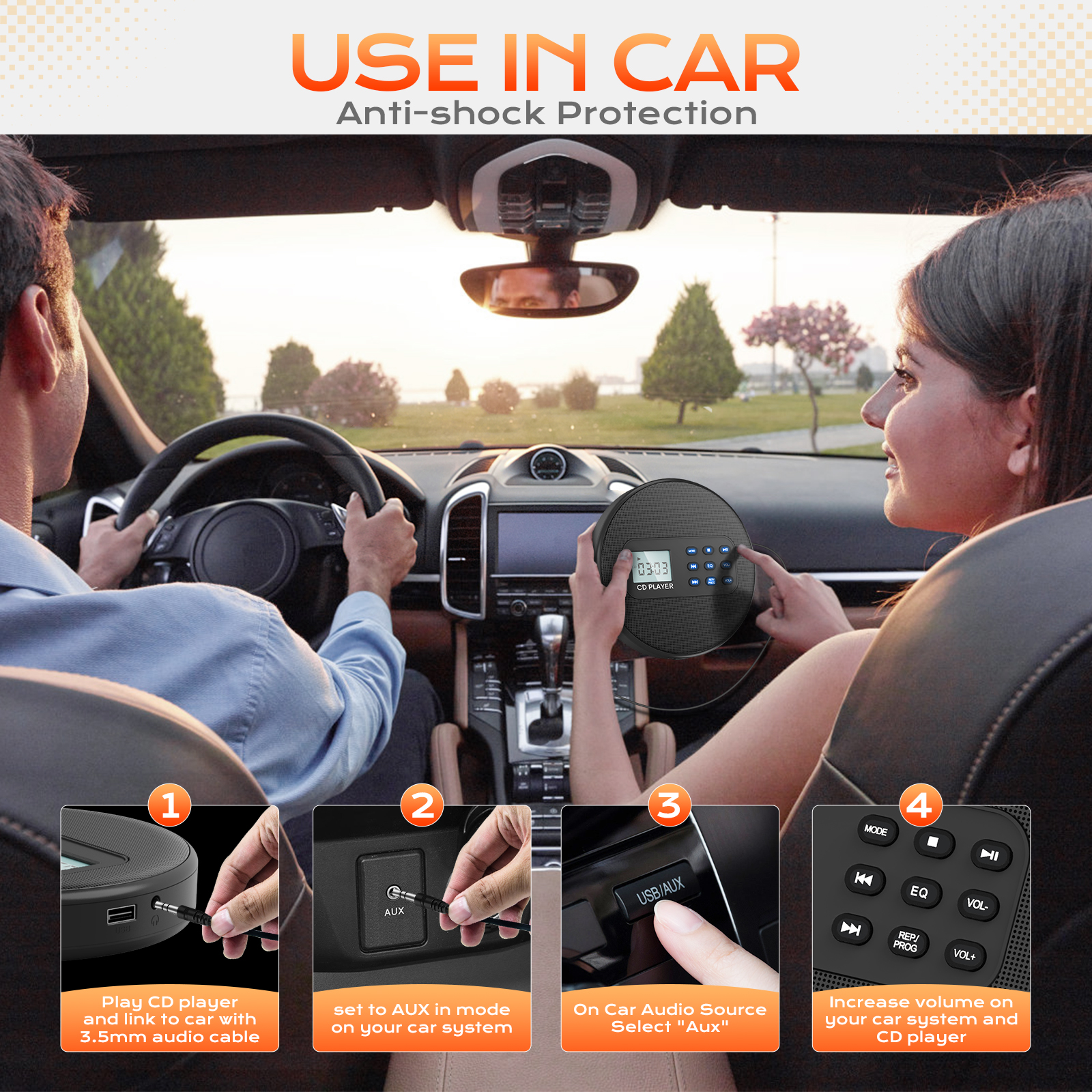 Portable cd player with speakers and earbuds walkman cd player rechargeable with USB MP3 discman for car with audio cable