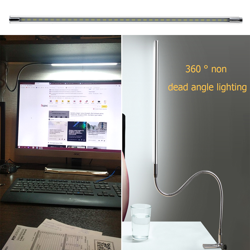Lámpara de mesa de brazo largo 48 LEDs, lámpara de escritorio LED de oficina montada en Clip, lámpara de lectura Flexible con protección ocular y cuello de cisne USB para estudio de trabajo