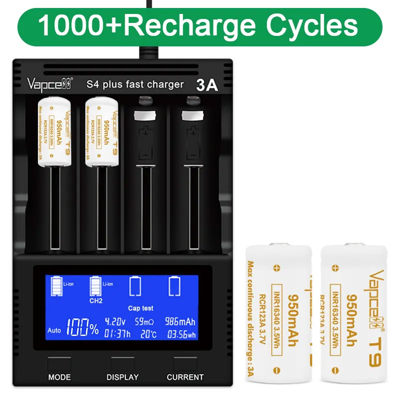 Højkapacitets vapcell  t9 inr 16340 batteri 950 mah 3a 3.7v knap top genopladeligt batteri udskifter rcr 123a celler til lommelygte