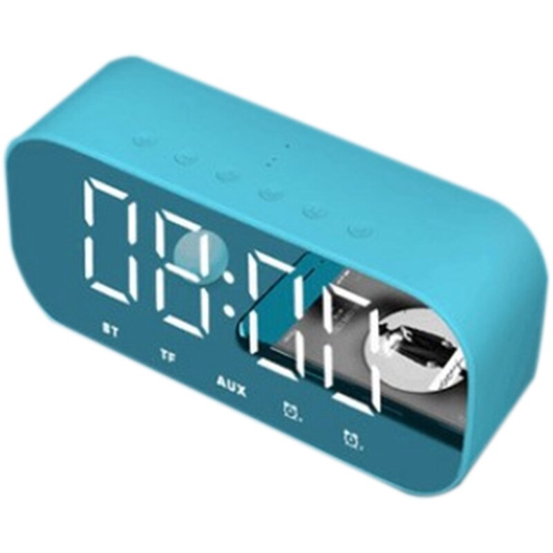 Altavoz Bluetooth con Radio FM Despertador con efecto espejo y luz LED reloj Subwoofer reproductor de música despertador reloj de escritorio inalámbrico: Blue