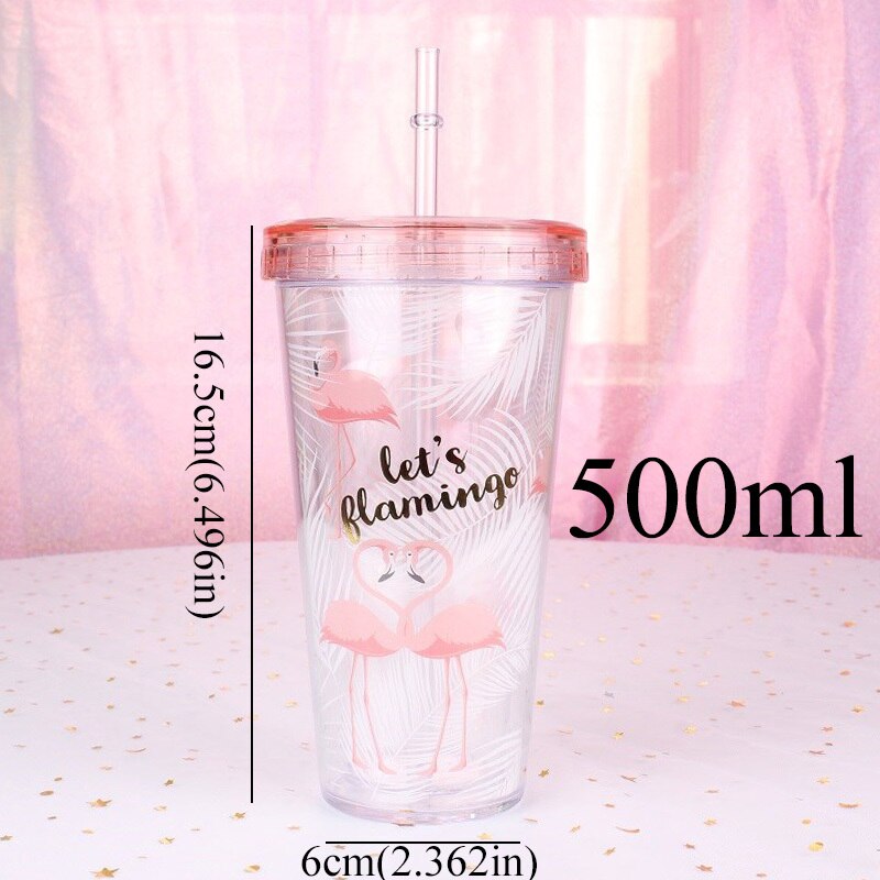 500ml flamingo plast resor te kaffe mugg halm kopp tubuli med lock söt tecknad dricka dubbel vägg för mjölk juice vatten: 500 mlc 176 två fåglar