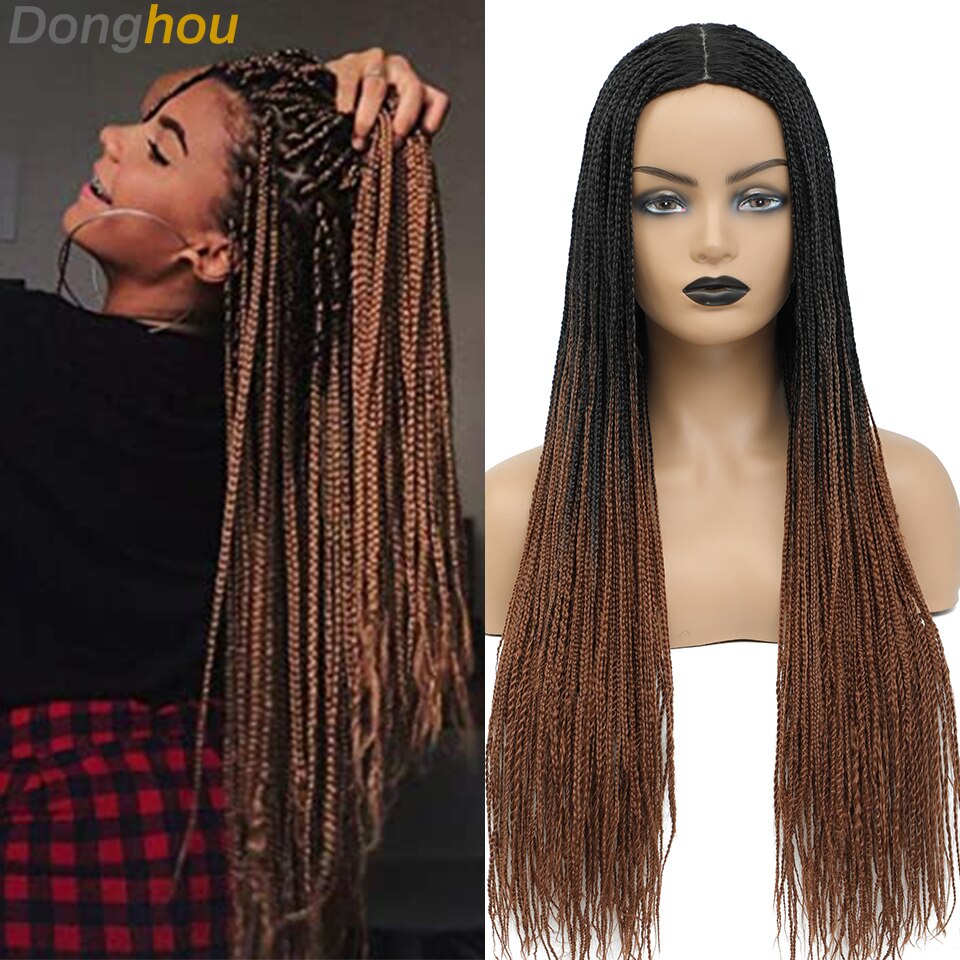 Donghou Box Braided Wigs for Black Women 26 Inch Ombre Long Micro Braids Wig Heat Resistant Fiber Small Box Braids Glueless Wig: 1B 30 Color