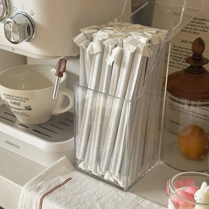 Opbergdoos voor wegwerprietjes voor op kantoor, met klepdeksel, stofwerende plastic houder voor koffie, melk, theezakjes, sieradenhouder.