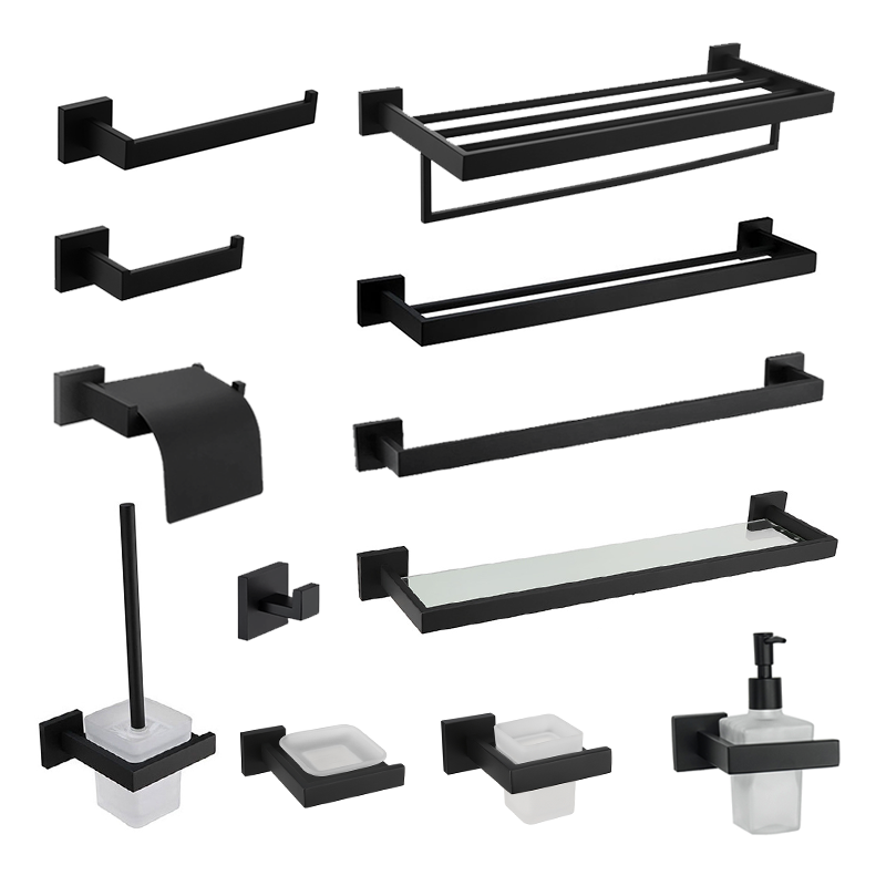 Zwarte Badkameraccessoires Rvs Set Wandrek Handdoekrek Handdoekhouder Kleding Haak Toiletborstel Hanger