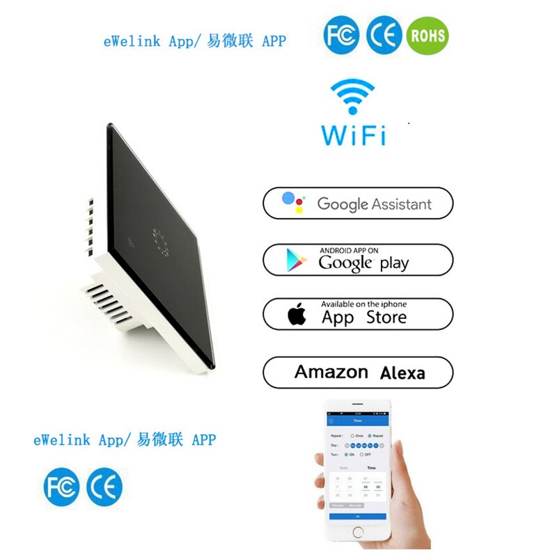 Wifi smart ljusomkopplare glaspanel touch switch kompatibel med alexa google home smart wall switch 10a 90-250v timerfunktion