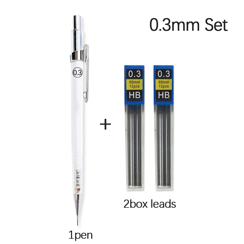 Portaminas transparente de 0,3, 0,5, 0,7, 0,9mm con recambios de plomo, juego para dibujar lápices automáticos, arte, dibujo, pintura: Blanco