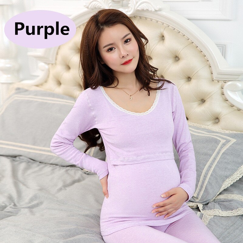 Ensemble pyjama de grossesse, manteau et pantalon d&#39;allaitement épais, manches longues, sous-vêtements d&#39;allaitement pour femmes enceintes: Light Purple