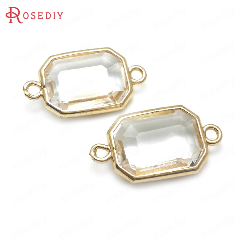 (C612)10 pieces 24K Champagne Gold Color + White Glass Brass Faceted Rectangle Shape Charms Pendants Accessories