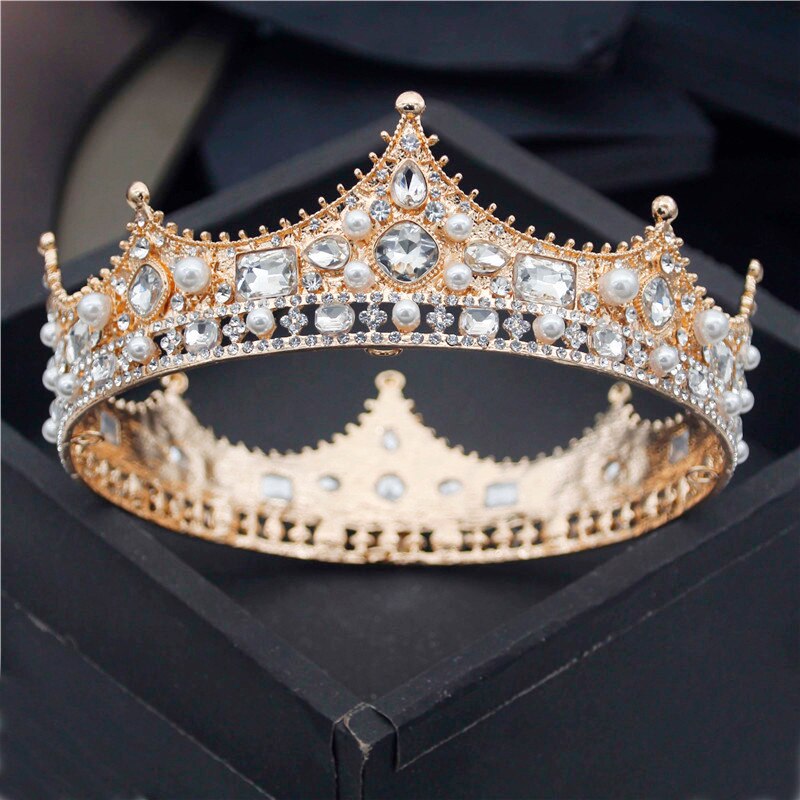 Baroque Royal King Diadem Men Crystal Pearls Metal Tiaras Wedding Crown Hair Jewelry Big Head Ornaments Prom Party Accessories