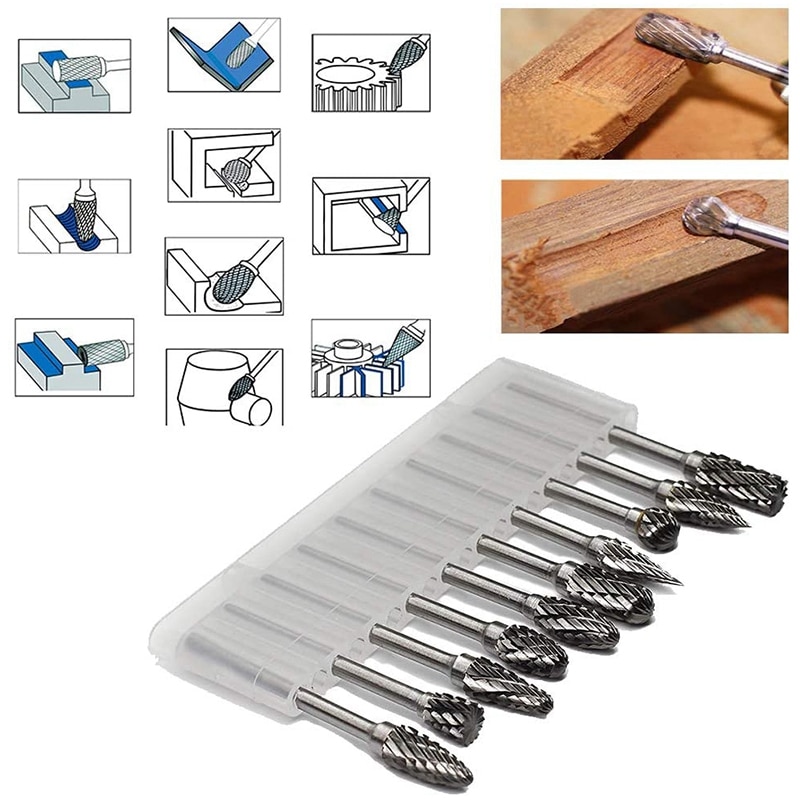 Double Cut Carbide Rotary Burr Set - 10 Pcs 1/8inch Shank, 1/4inch Head Length Tungsten Steel for Woodworking,Drilling