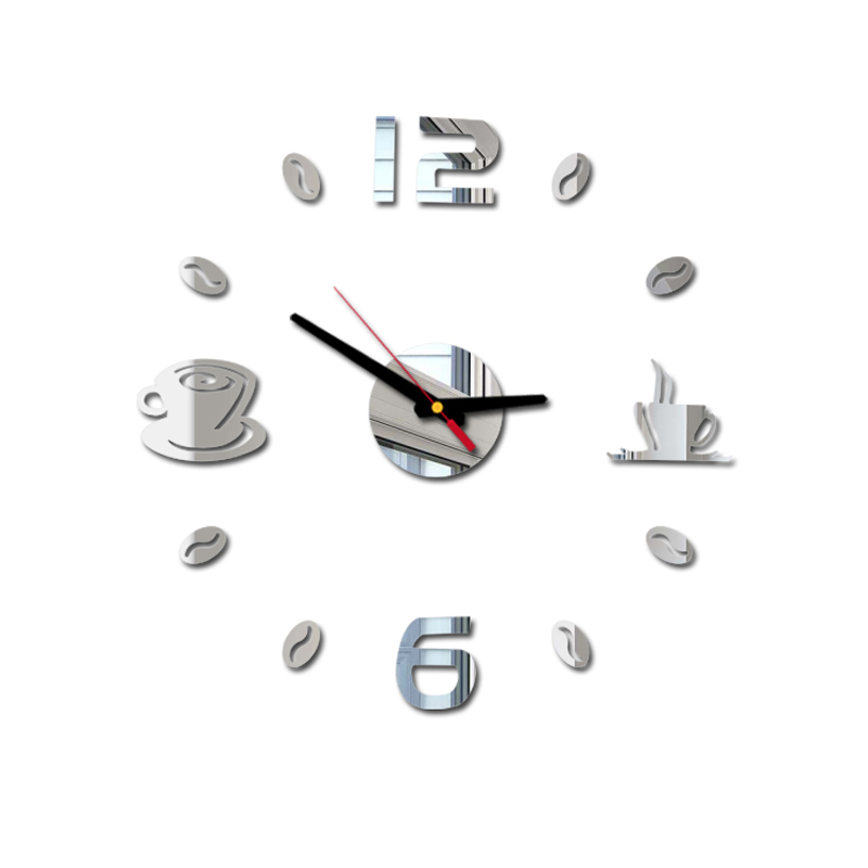 Horloge murale à Quartz à effet miroir 3D, auto-adhésive, moderne, Art acrylique, silencieuse, décoration pour la cuisine, tasses de café: Argent