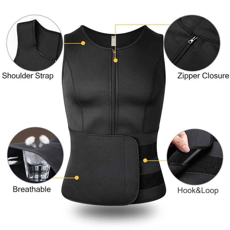 Neoprenowy męski czopiarki Sweat, kamizelka dla mężczyzn gorset Waist Trainer Vest regulowane urządzenie do modelowania sylwetki treningu z podwójny zamek błyskawiczny na kombinezon do sauny