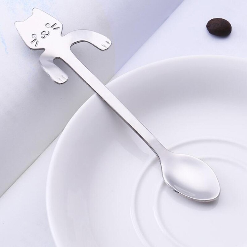 Mini Coffee Spoon Tea Spoon 304 Stainless Steel Kitty Cat Gold Teaspoon Tableware Dessert Long Spoon Handle Dinnerware: Y107-1 / Short