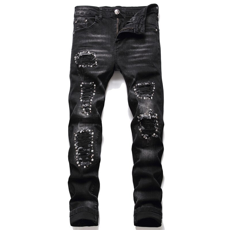 Pantalones vaqueros elásticos de estilo americano y europeo para hombre, Jeans negros rasgados con remaches, pantalones de pierna pequeña a la ,