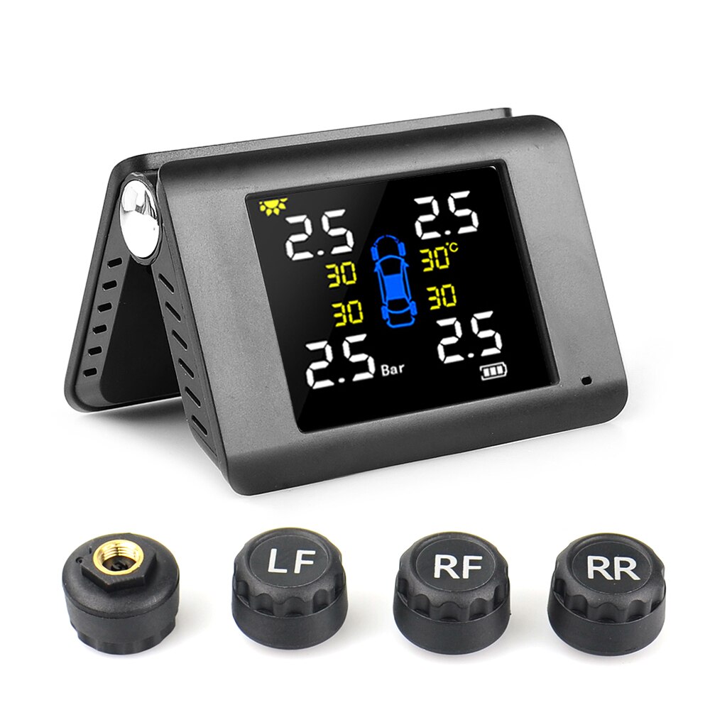 TPMS Solar Power Tyre Pressure Monitoring System with 4 Sensors LCD Real-time Display Car Tire Pressure Auto Alarm System
