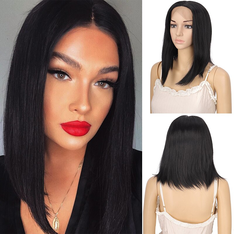 Dianqi Zwarte Vrouwelijke 13 Inch Korte Bob Steil Haar Synthetische Lace Front Pruik Hittebestendige Bruin Zwart Haar