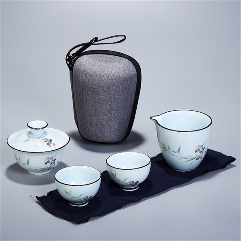 Chinese Kung Fu Tea Set Ceramic Portable Teapot Set Travel Gaiwan Tea Cups of Tea Ceremony Teacup Fine With Travel Bag: Ivory