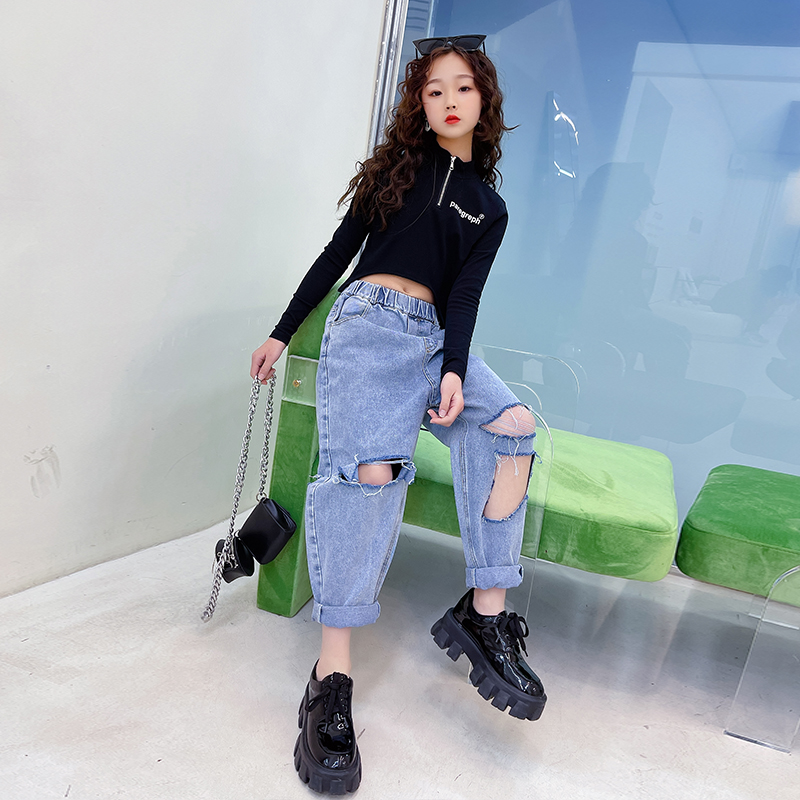 Jeans longs en Denim pour filles, pantalon déchiré, vêtements pour enfants et adolescents de 4, 7, 8, 9, 11 ans, printemps