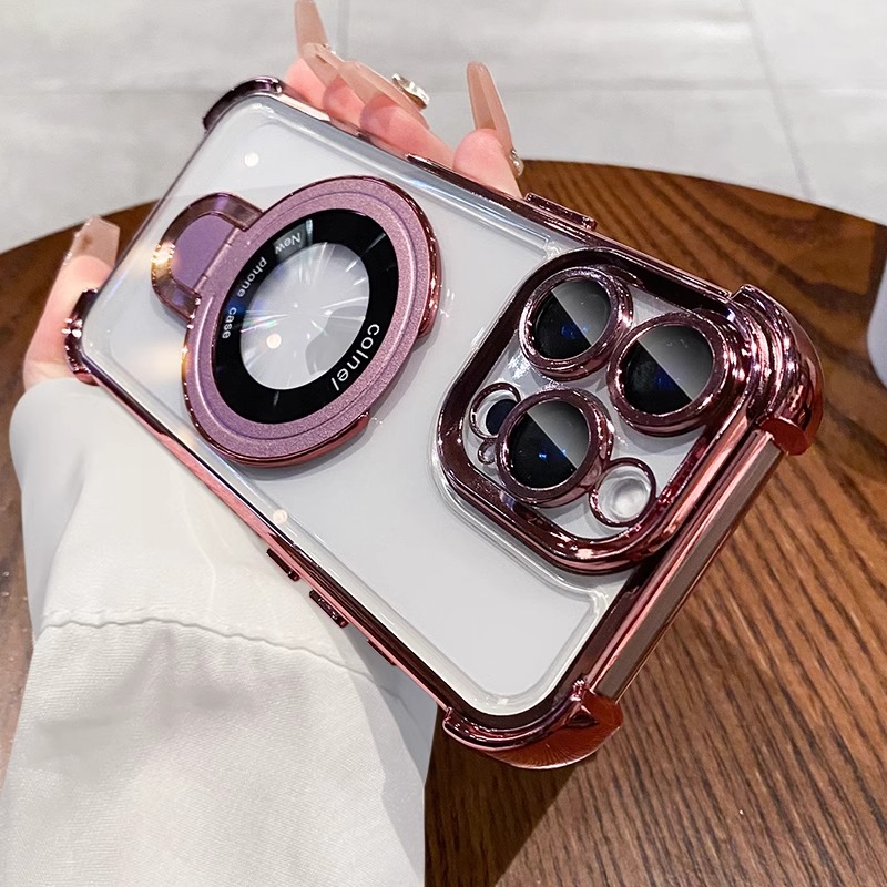 For Infinix Note 40 Pro Case Magnetic Holder Luxury Plating Airbag Silicone Transparent Camera Protection Shockproof Back Cover: Pink / Infinix Note 40 Pro
