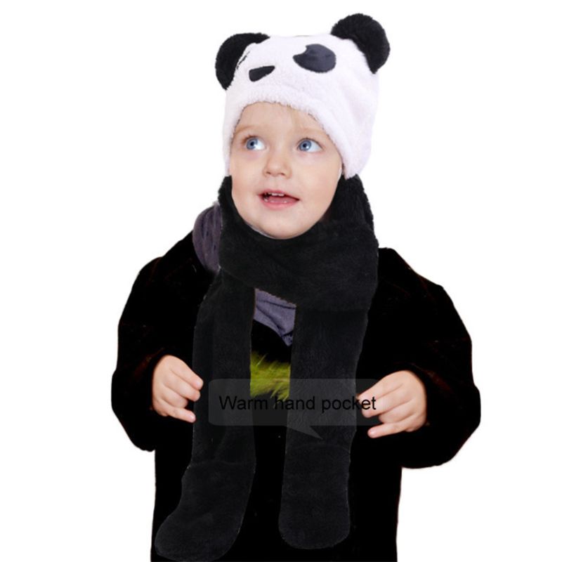 Peuter Kid Winter Schattige Dieren Panda Beer Pompom Oor 3 In 1 Sjaal Muts Handschoenen Set