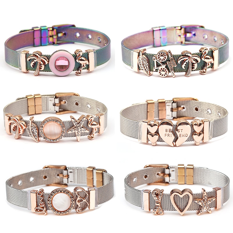 BAOPON Jewelry Colorful Stainless Steel Mesh Bracelet Bangles with Gold Slide Charms Fine Bracelets as Wife Lover Friend