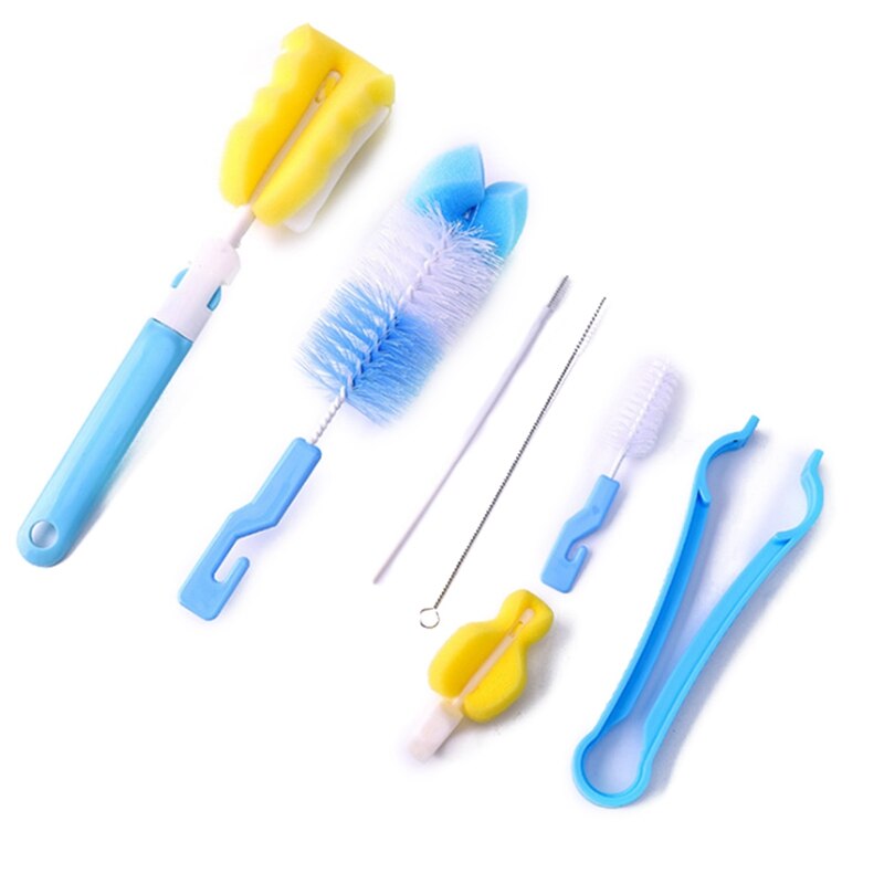 7Pcs/set Bottle Sponge Cleaning Brush Tools Straw Brush Set: Blue