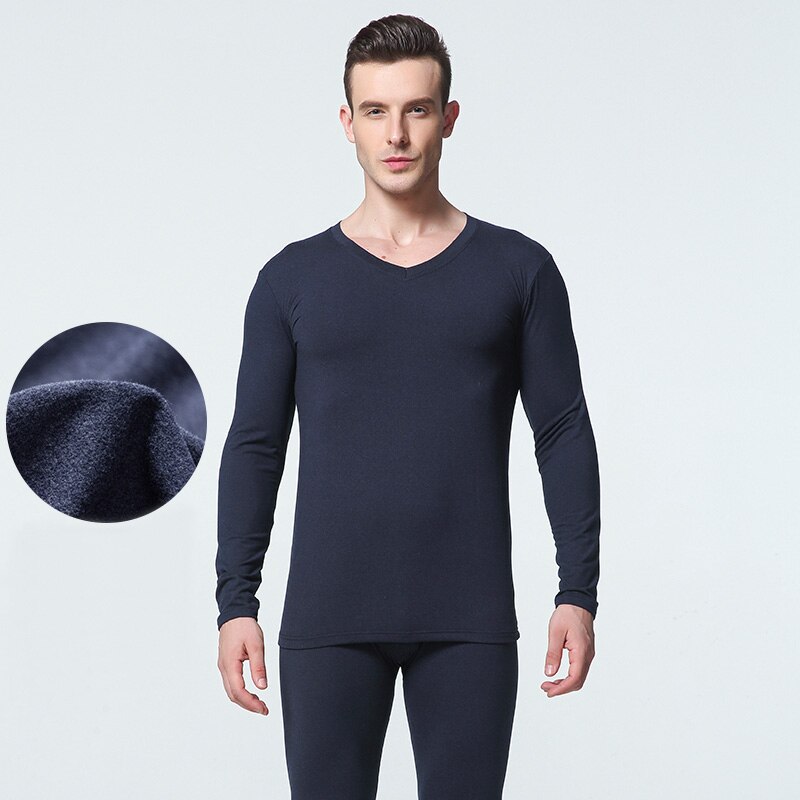 1 Sets Winter Long Johns Men Thermal Underwear Sets Simple Solid V-neck Keep Warm For Man Male Clothing Sleep Wear Spring Autumn: Dark Blue / XL