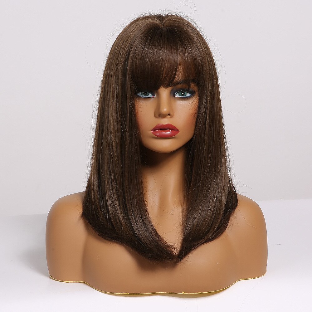 ALAN EATON Medium Bob Straight Hair Wig with Bangs Black Brown Synthetic Wigs with Highlights for Women African American Cosplay