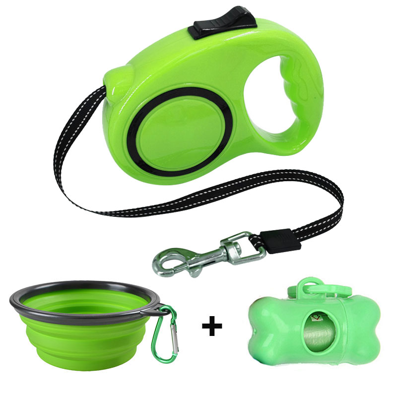 Intrekbare Hondenriem Met Hond Afvalzak Dispenser En Tassen + Hond Kom Zware Walking Leash Voor Honden Pet puppy Leash 3M/5M: Green 2 / 3M