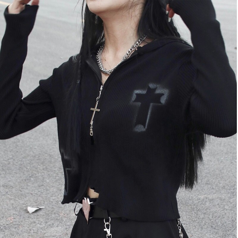 Cardigan gothique en tricot noir foncé pour femme, pull à manches longues, avec fermeture éclair, Slim, imprimé croix, Rock Punk, Streetwear, automne
