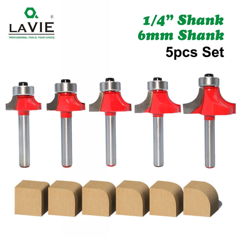 Mèche de défonceuse arrondie avec fraise à tige de 6mm, 1/4 ", pour le bois, nettoyage du bois, 5 pièces