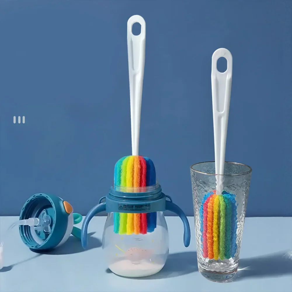 Spazzola in spugna arcobaleno per neonato, bottiglia d'acqua, tazza, tazza, spugna per lavaggio vetro, spugna per pulizia, con manico, utensili per la pulizia
